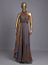 Pastel blue metallic tissue silk anarkali with embellished halter neckline