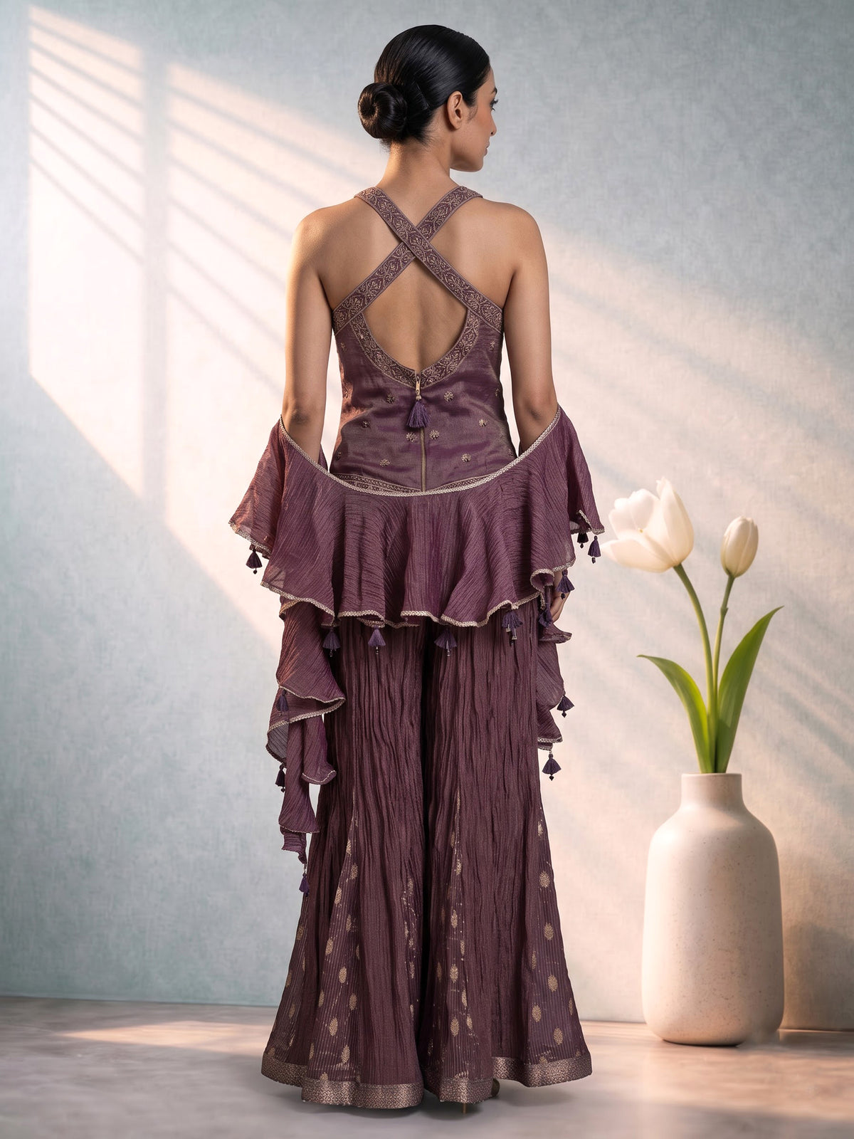Purple chiffon silk designer suit with mirror and resham detailing