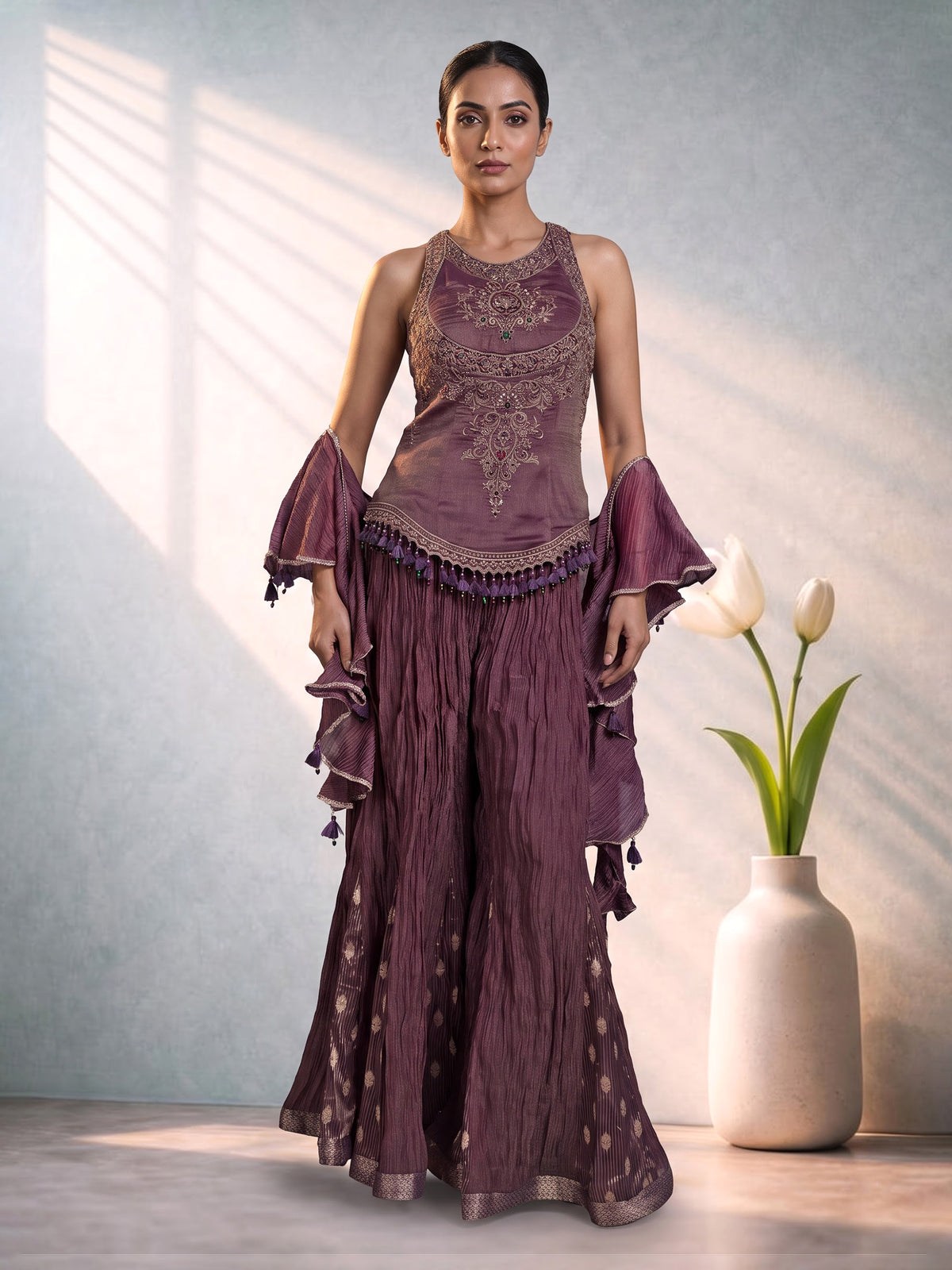 Purple chiffon silk designer suit with mirror and resham detailing