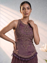 Purple chiffon silk designer suit with mirror and resham detailing
