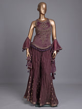 Purple chiffon silk designer suit with mirror and resham detailing