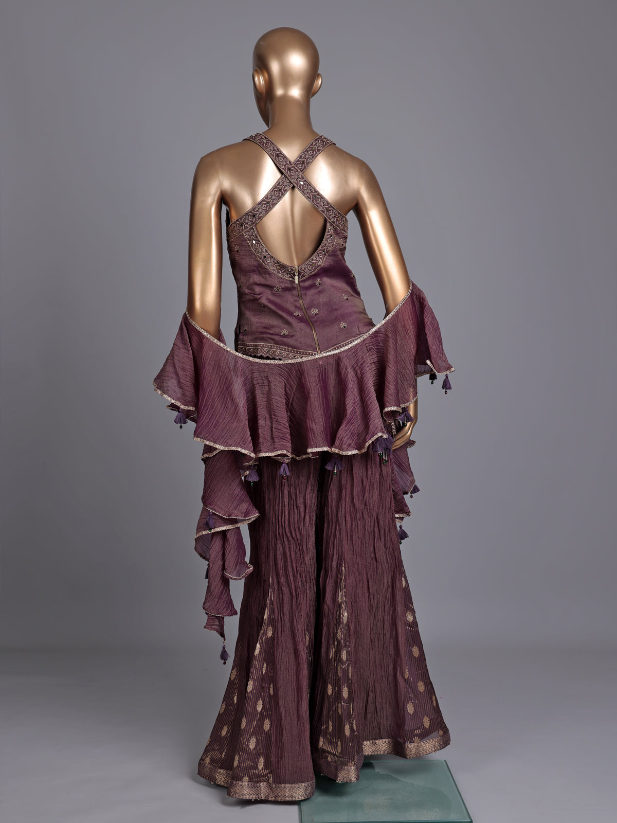 Purple chiffon silk designer suit with mirror and resham detailing