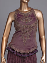 Purple chiffon silk designer suit with mirror and resham detailing