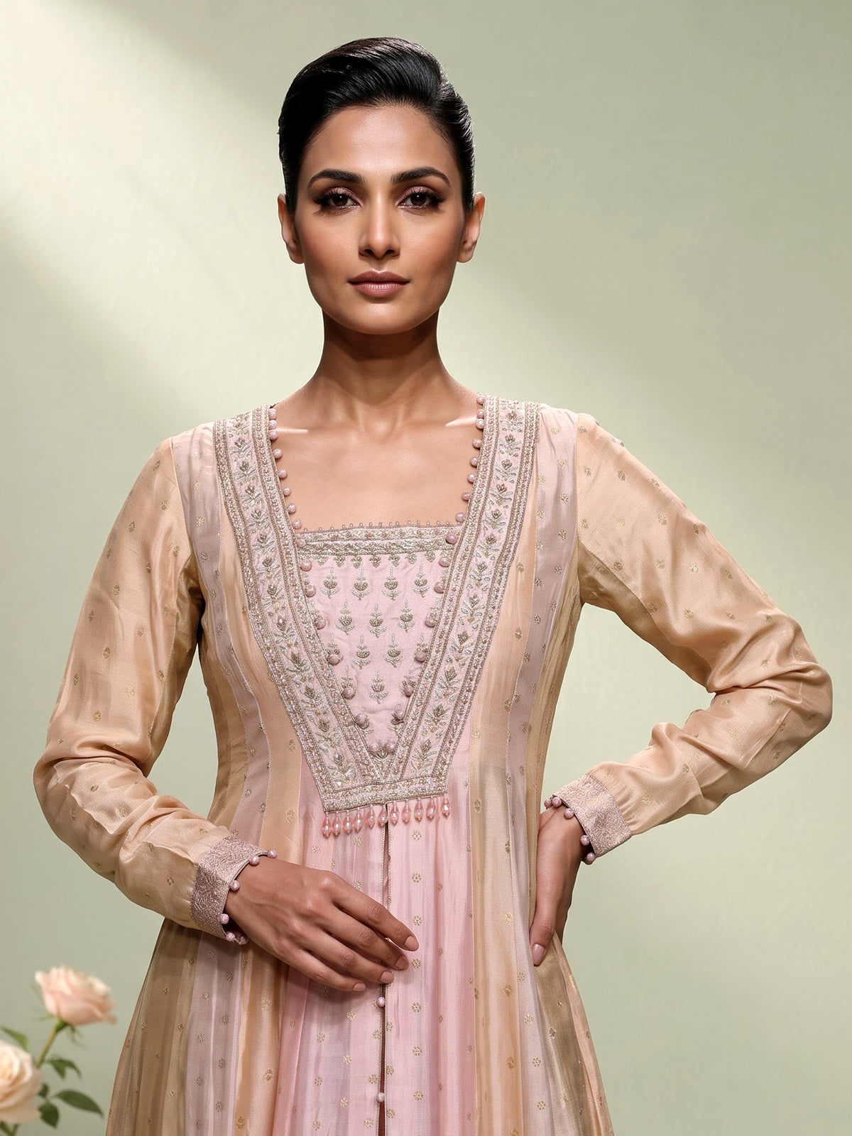 Pink silk anarkali suit with zardosi and diamond embellishments