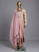 Pink silk anarkali suit with zardosi and diamond embellishments