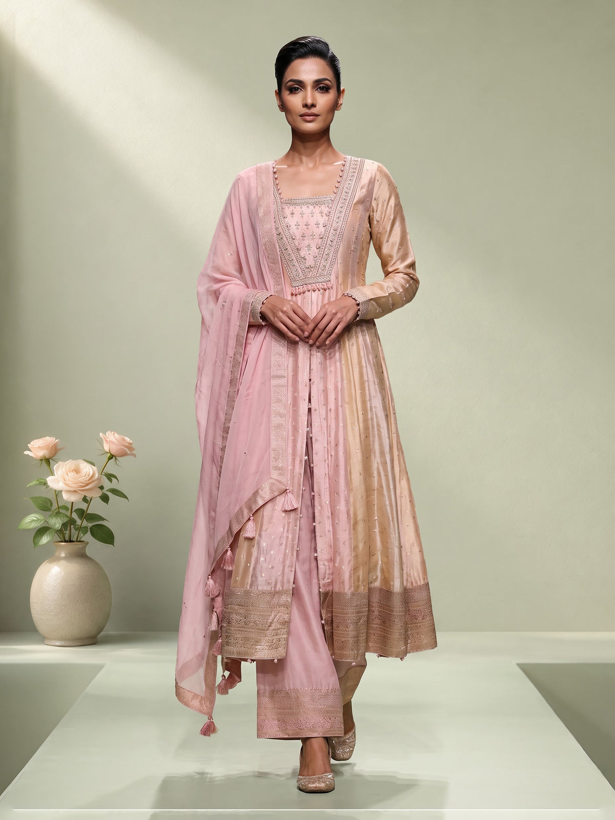 Pink silk anarkali suit with zardosi and diamond embellishments