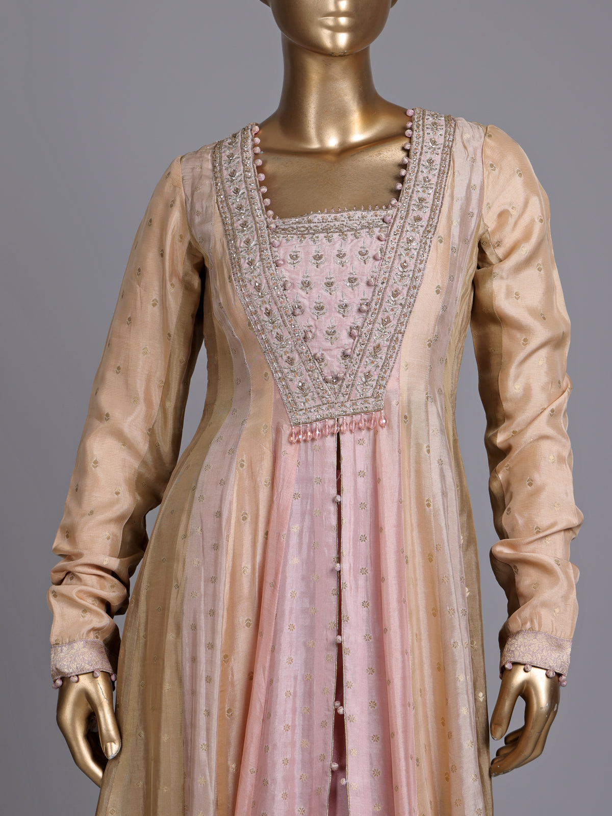 Pink silk anarkali suit with zardosi and diamond embellishments