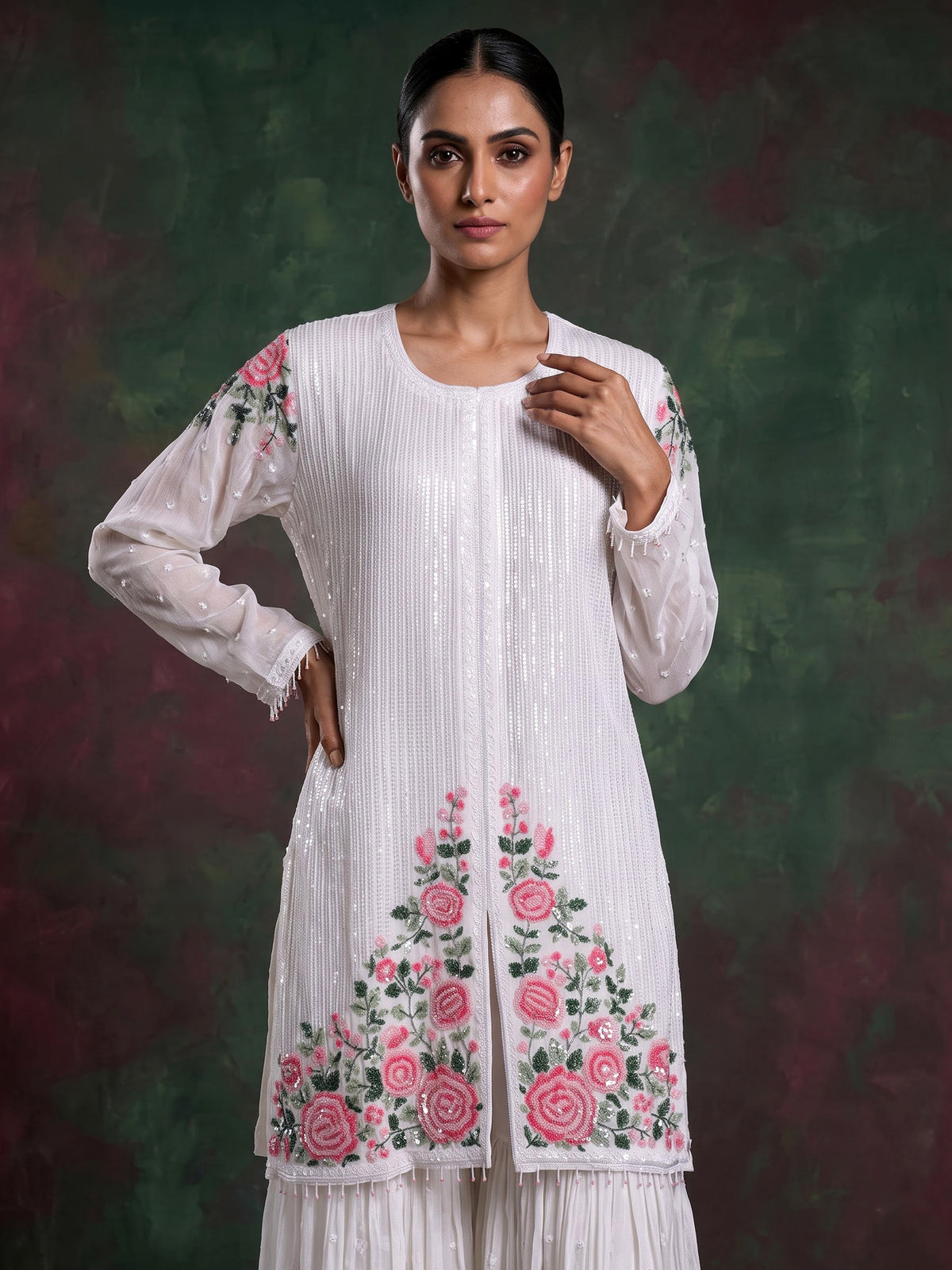 White tissue silk sharara suit with cutdana and tassel detailing