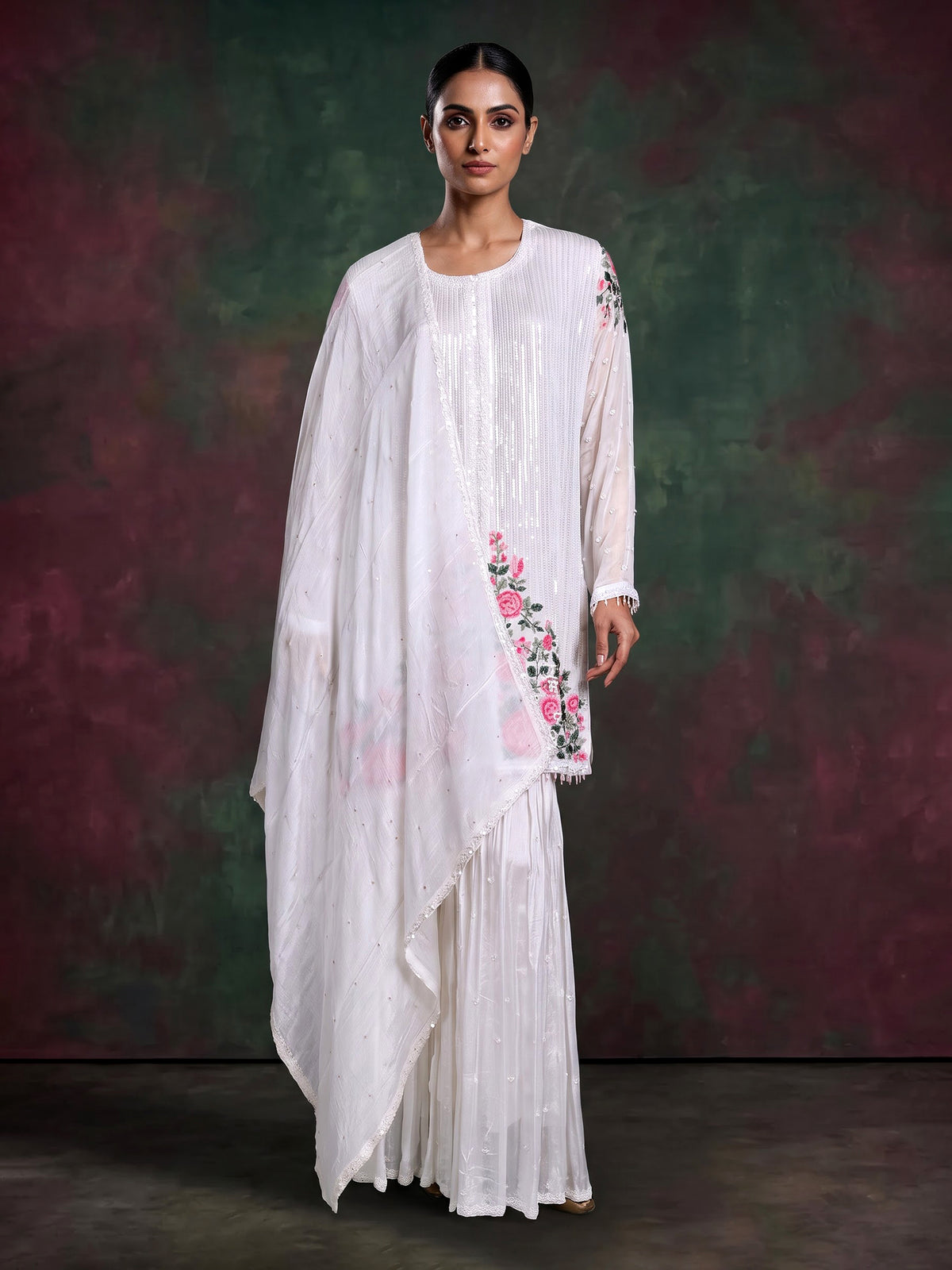 White tissue silk sharara suit with cutdana and tassel detailing