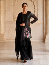 Black tissue silk sharara suit with cutdana and tassel detailing