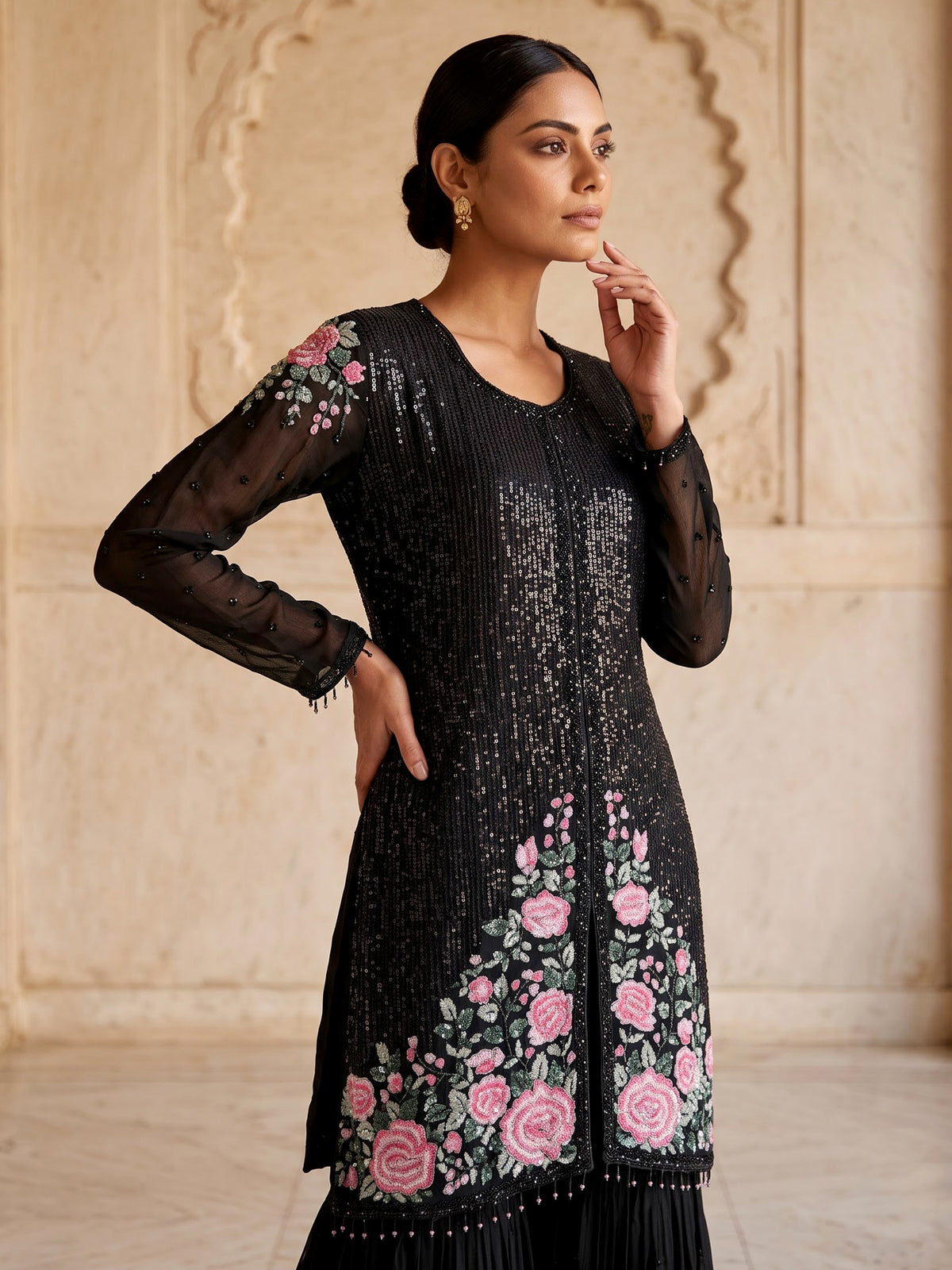 Black tissue silk sharara suit with cutdana and tassel detailing