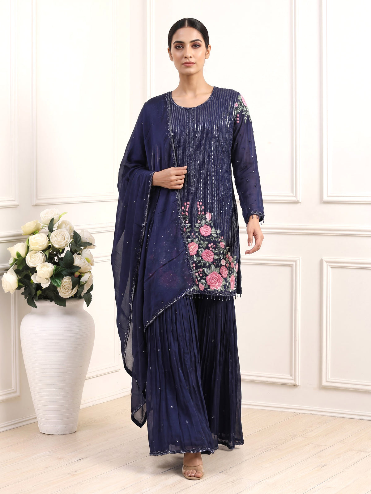 Navy tissue silk sharara suit with sequins and tassel detailing