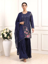 Navy tissue silk sharara suit with sequins and tassel detailing