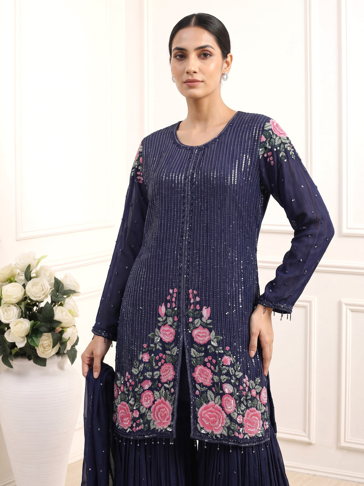 Navy tissue silk sharara suit with sequins and tassel detailing