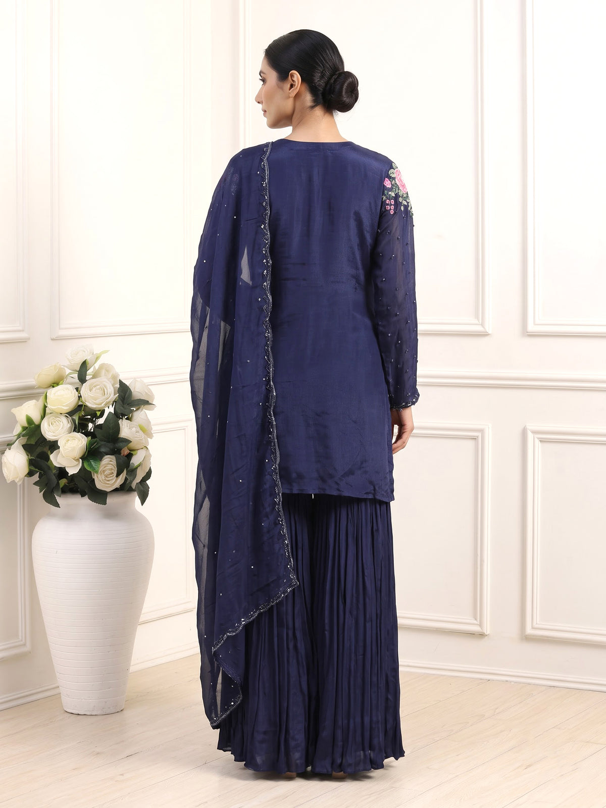 Navy tissue silk sharara suit with sequins and tassel detailing