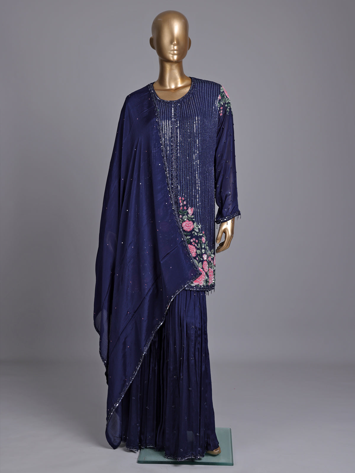 Navy tissue silk sharara suit with sequins and tassel detailing