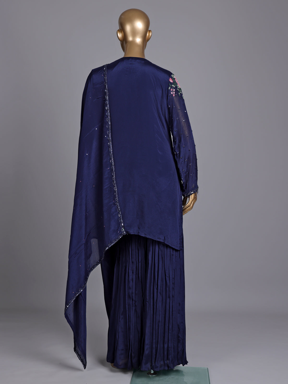 Navy tissue silk sharara suit with sequins and tassel detailing
