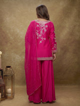 Rani pink raw silk palazzo suit with zardosi embellished dupatta