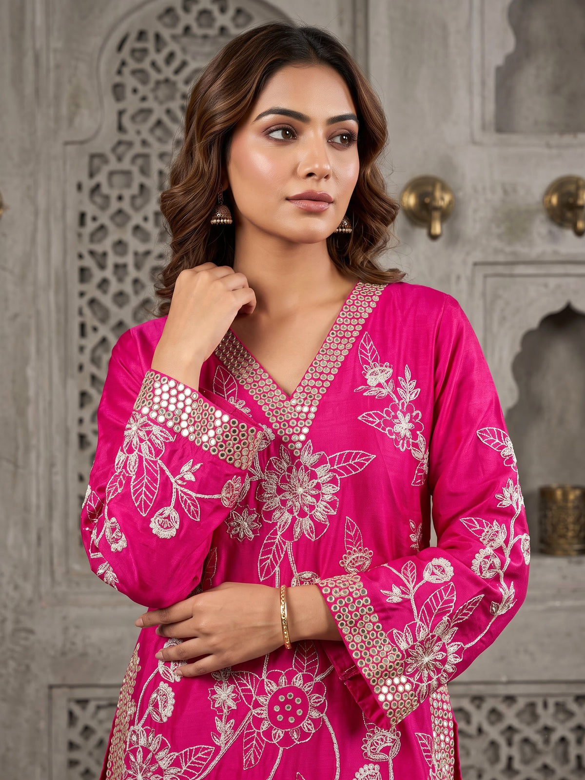 Rani pink raw silk palazzo suit with zardosi embellished dupatta