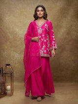 Rani pink raw silk palazzo suit with zardosi embellished dupatta
