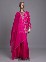 Rani pink raw silk palazzo suit with zardosi embellished dupatta