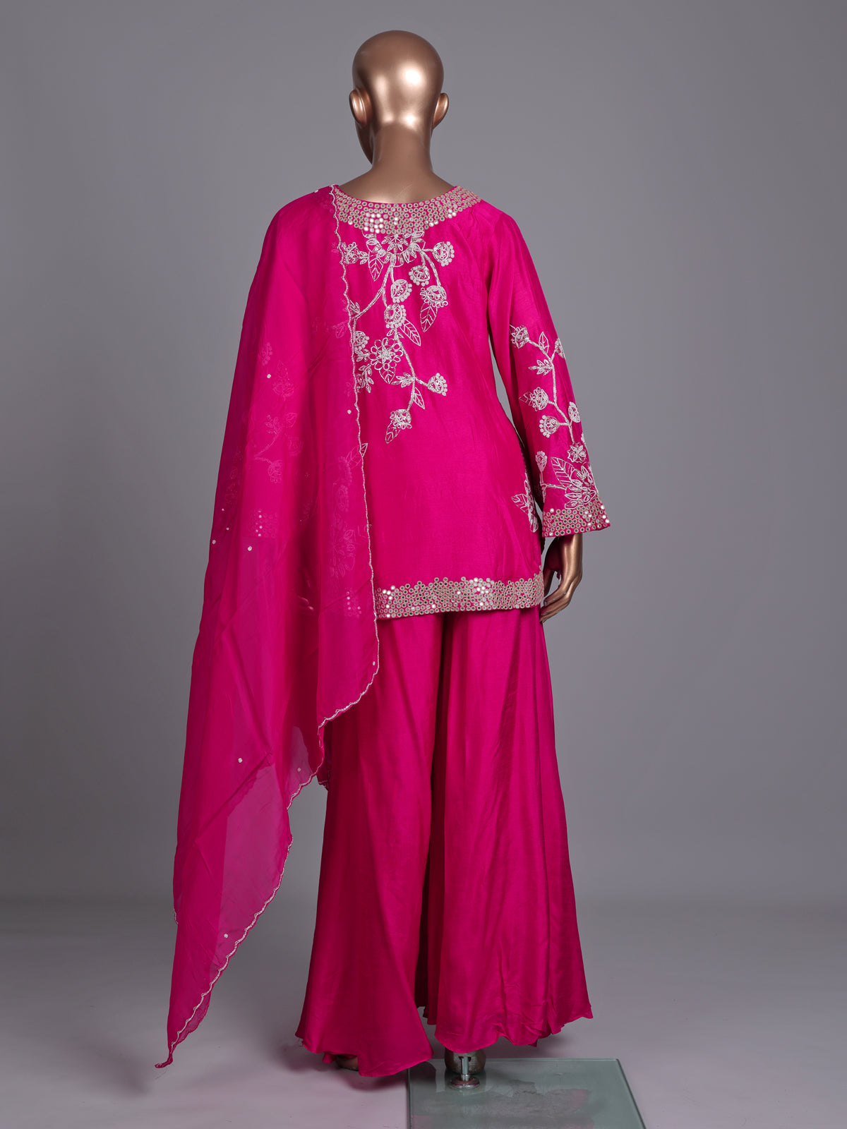 Rani pink raw silk palazzo suit with zardosi embellished dupatta