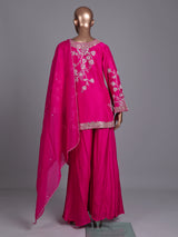 Rani pink raw silk palazzo suit with zardosi embellished dupatta