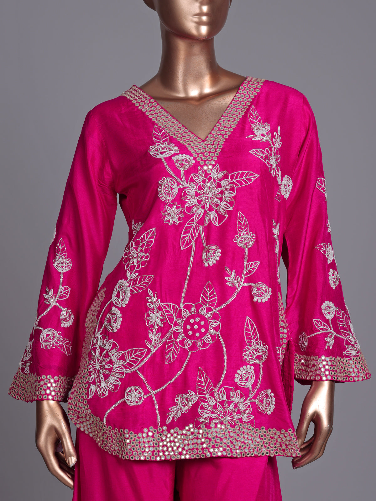 Rani pink raw silk palazzo suit with zardosi embellished dupatta