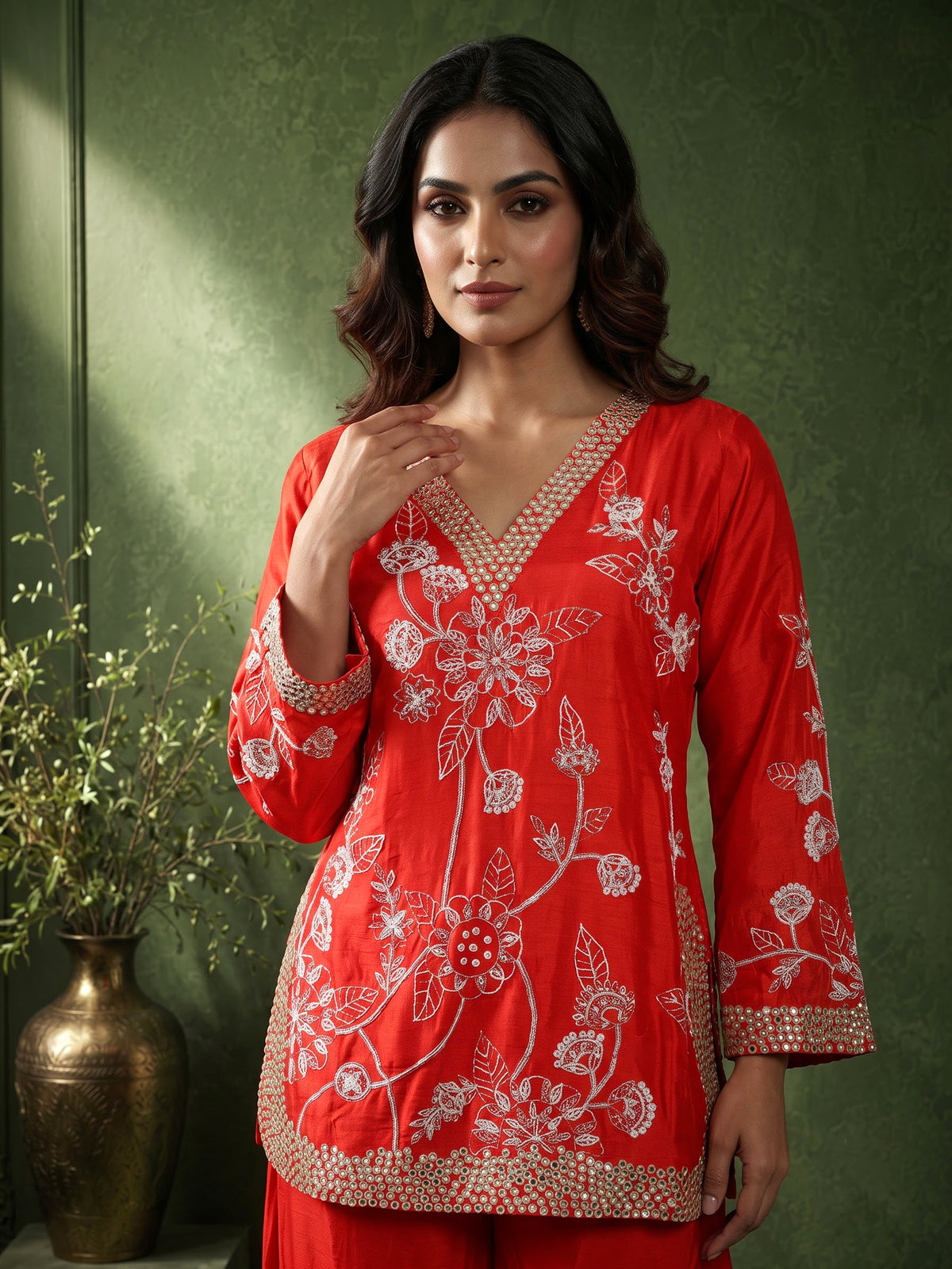Orange raw silk palazzo suit with zardosi and aabla embellished dupatta