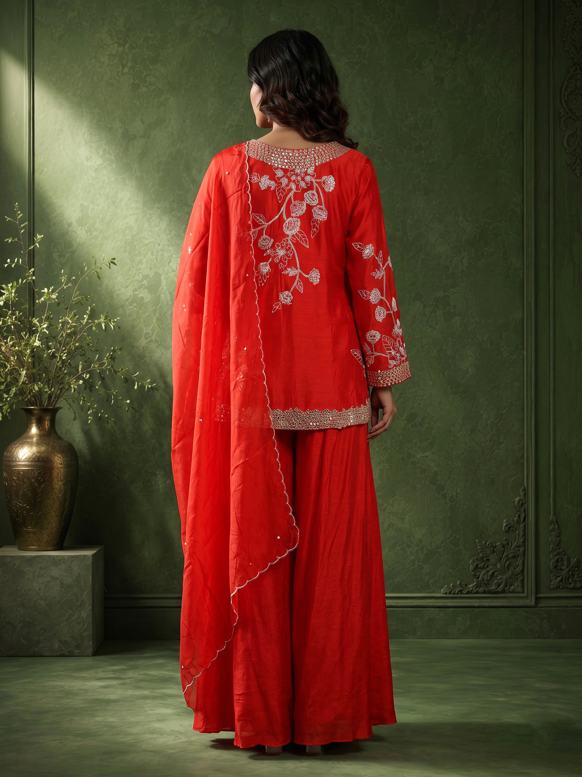 Orange raw silk palazzo suit with zardosi and aabla embellished dupatta