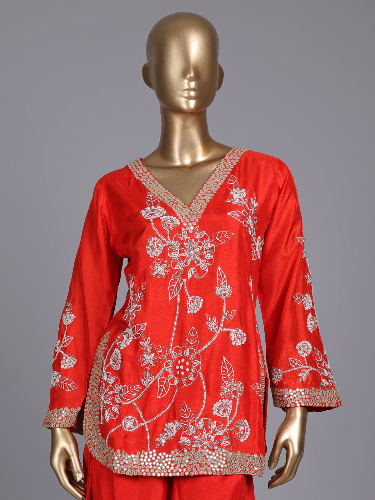 Orange raw silk palazzo suit with zardosi and aabla embellished dupatta