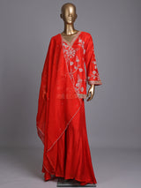 Orange raw silk palazzo suit with zardosi and aabla embellished dupatta