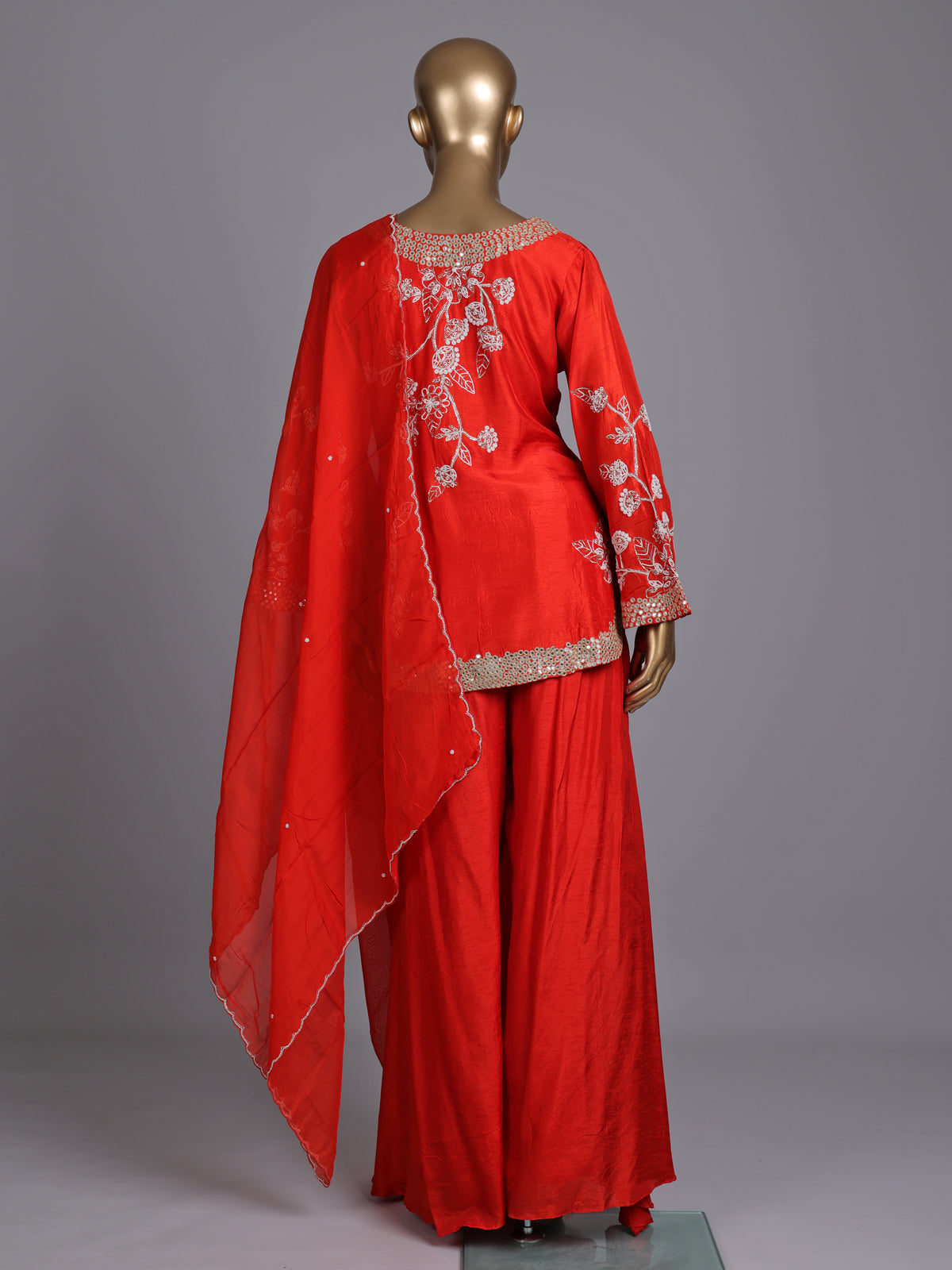 Orange raw silk palazzo suit with zardosi and aabla embellished dupatta