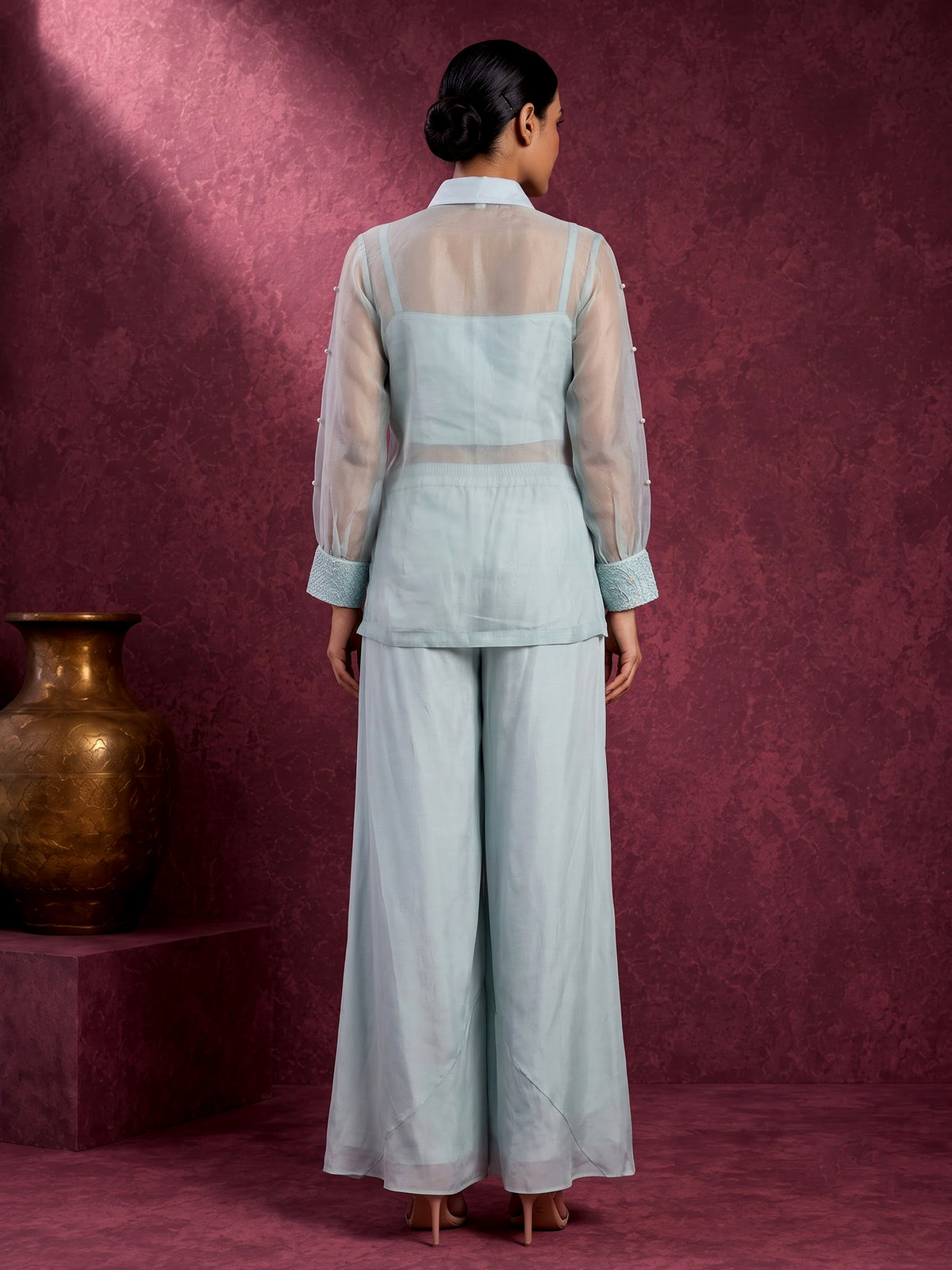 Mint blue organza and satin silk designer palazzo suit with cutdana