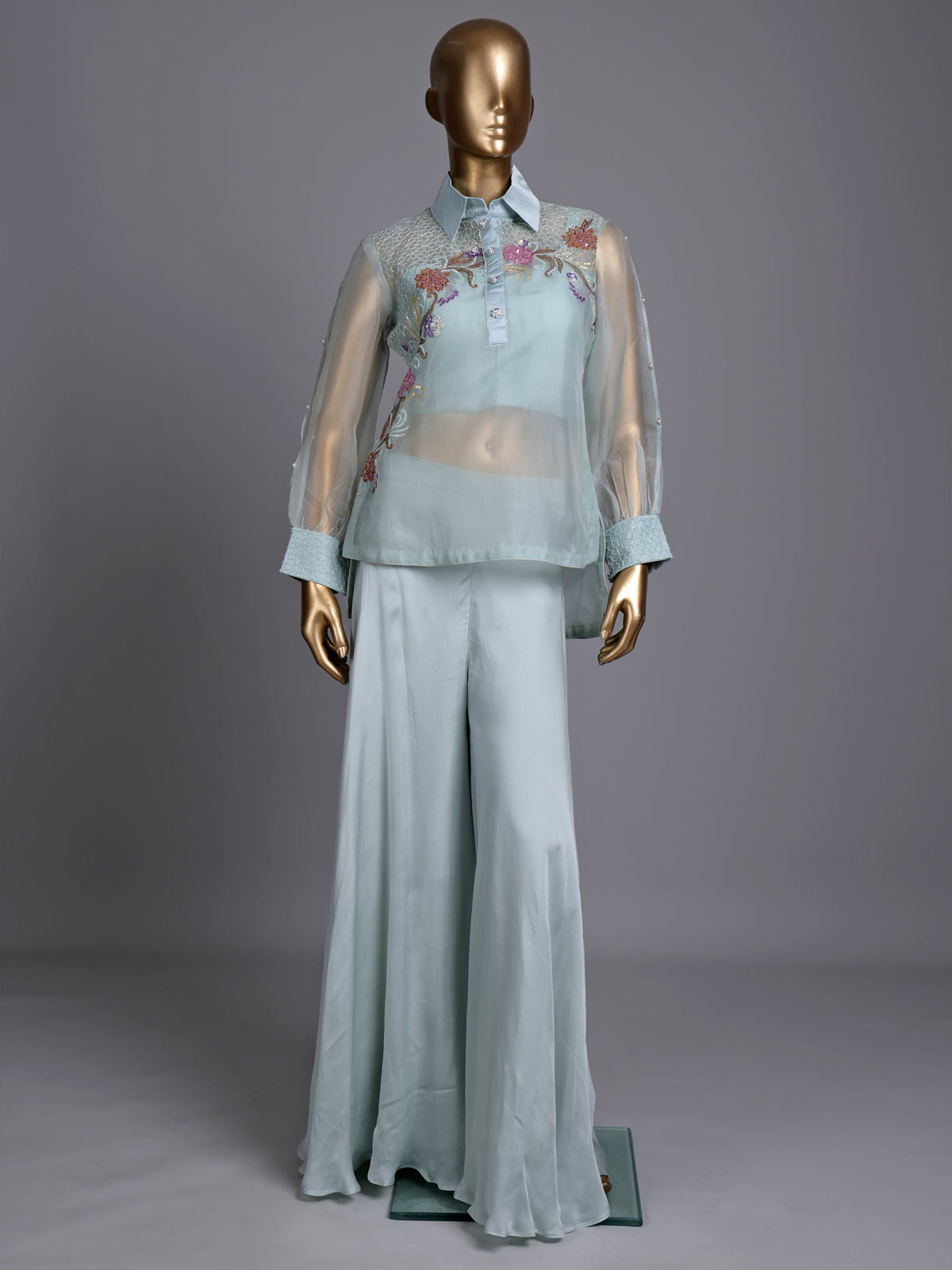 Mint blue organza and satin silk designer palazzo suit with cutdana