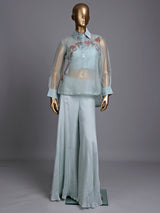 Mint blue organza and satin silk designer palazzo suit with cutdana