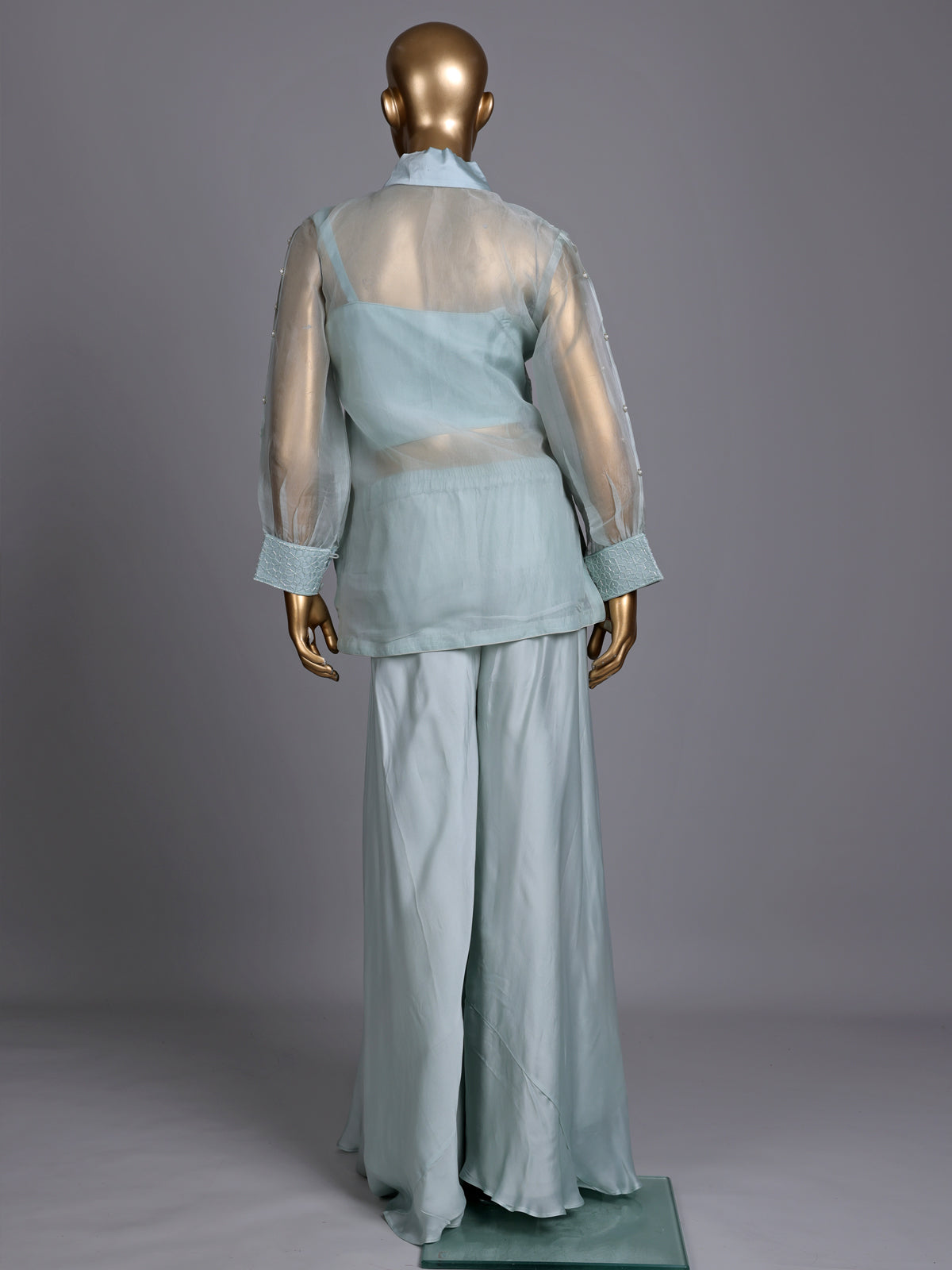 Mint blue organza and satin silk designer palazzo suit with cutdana