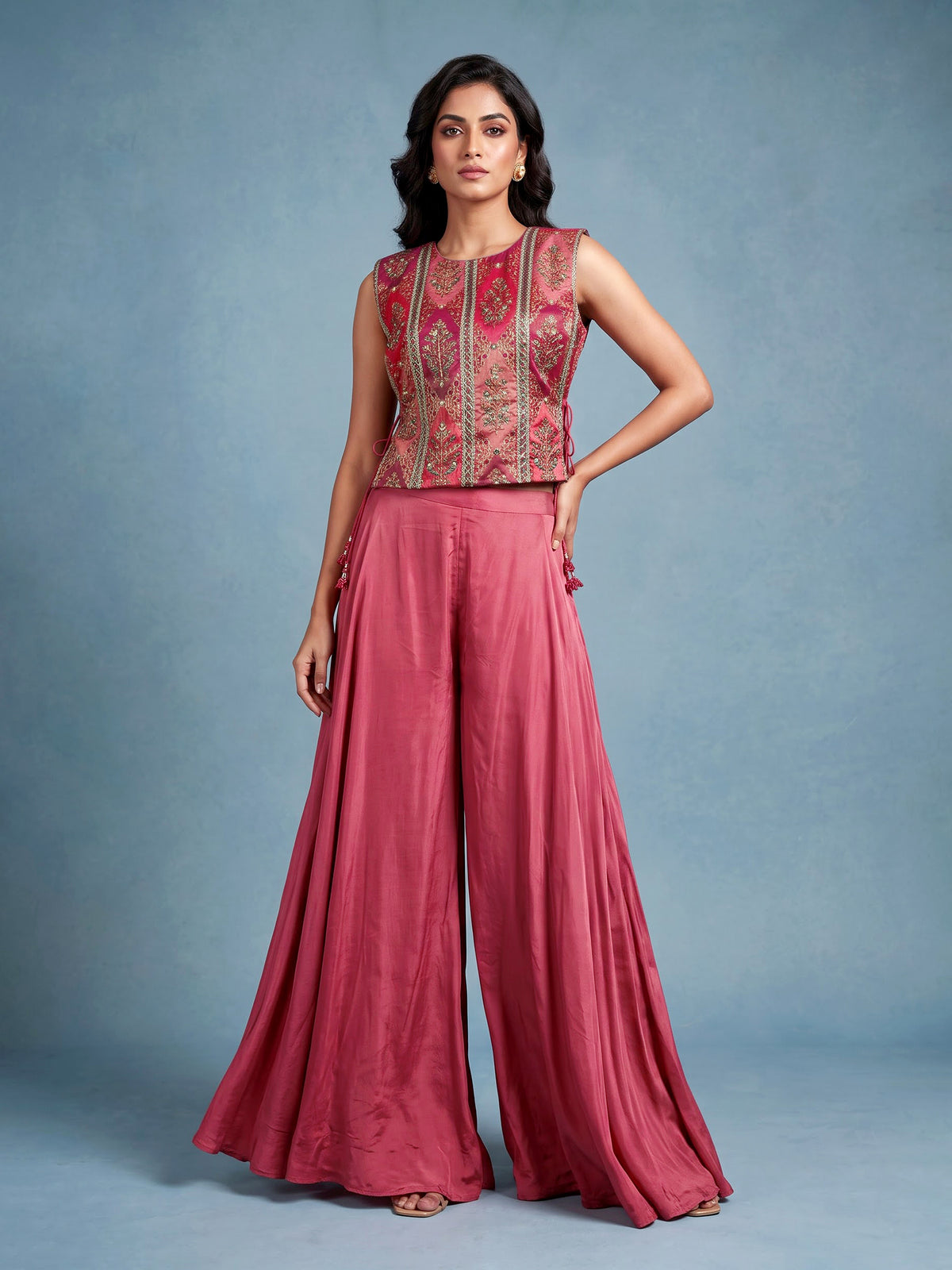Pink satin silk designer three piece palazzo suit with colourful motifs