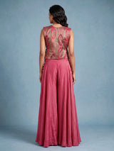 Pink satin silk designer three piece palazzo suit with colourful motifs