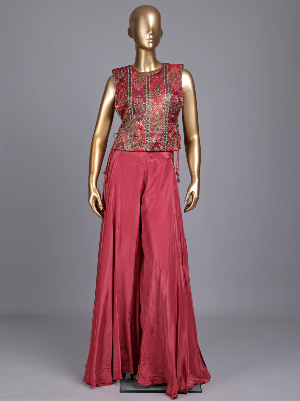 Pink satin silk designer three piece palazzo suit with colourful motifs