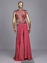 Pink satin silk designer three piece palazzo suit with colourful motifs