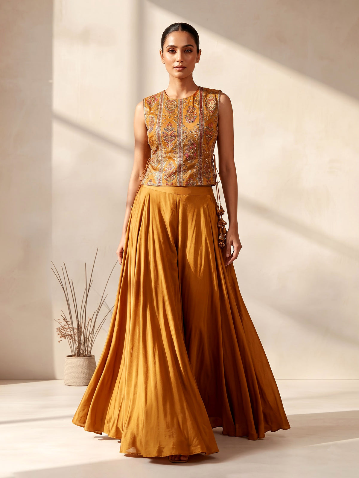 Mustard yellow satin silk designer three piece palazzo suit with zardosi