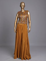 Mustard yellow satin silk designer three piece palazzo suit with zardosi