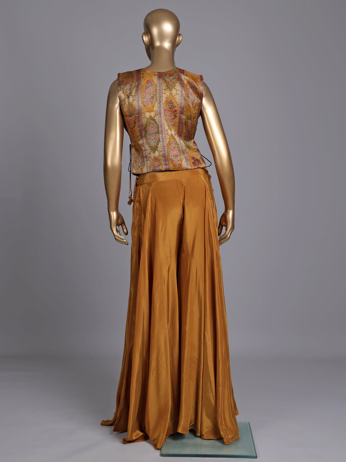 Mustard yellow satin silk designer three piece palazzo suit with zardosi