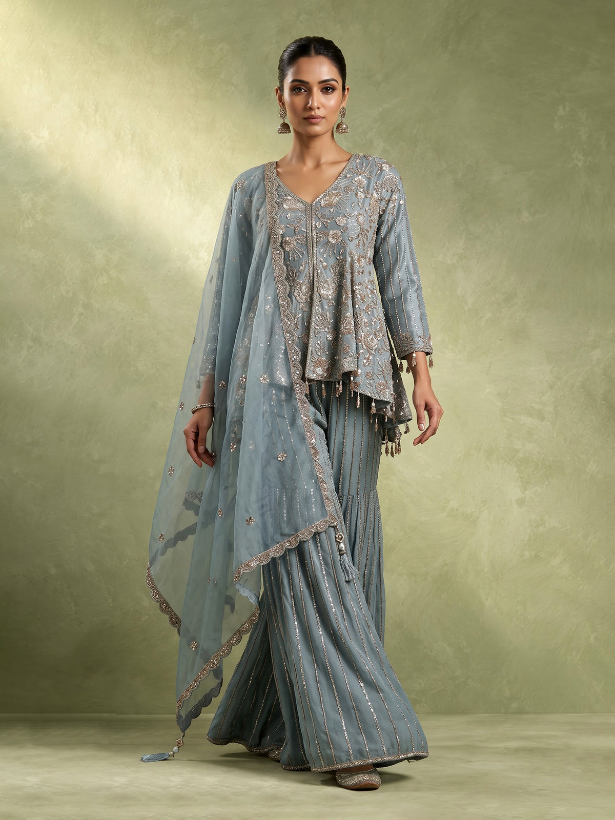 Mint blue tissue silk palazzo suit with cutdana and sequins