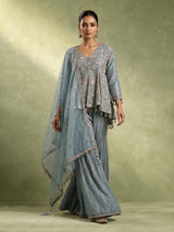 Mint blue tissue silk palazzo suit with cutdana and sequins