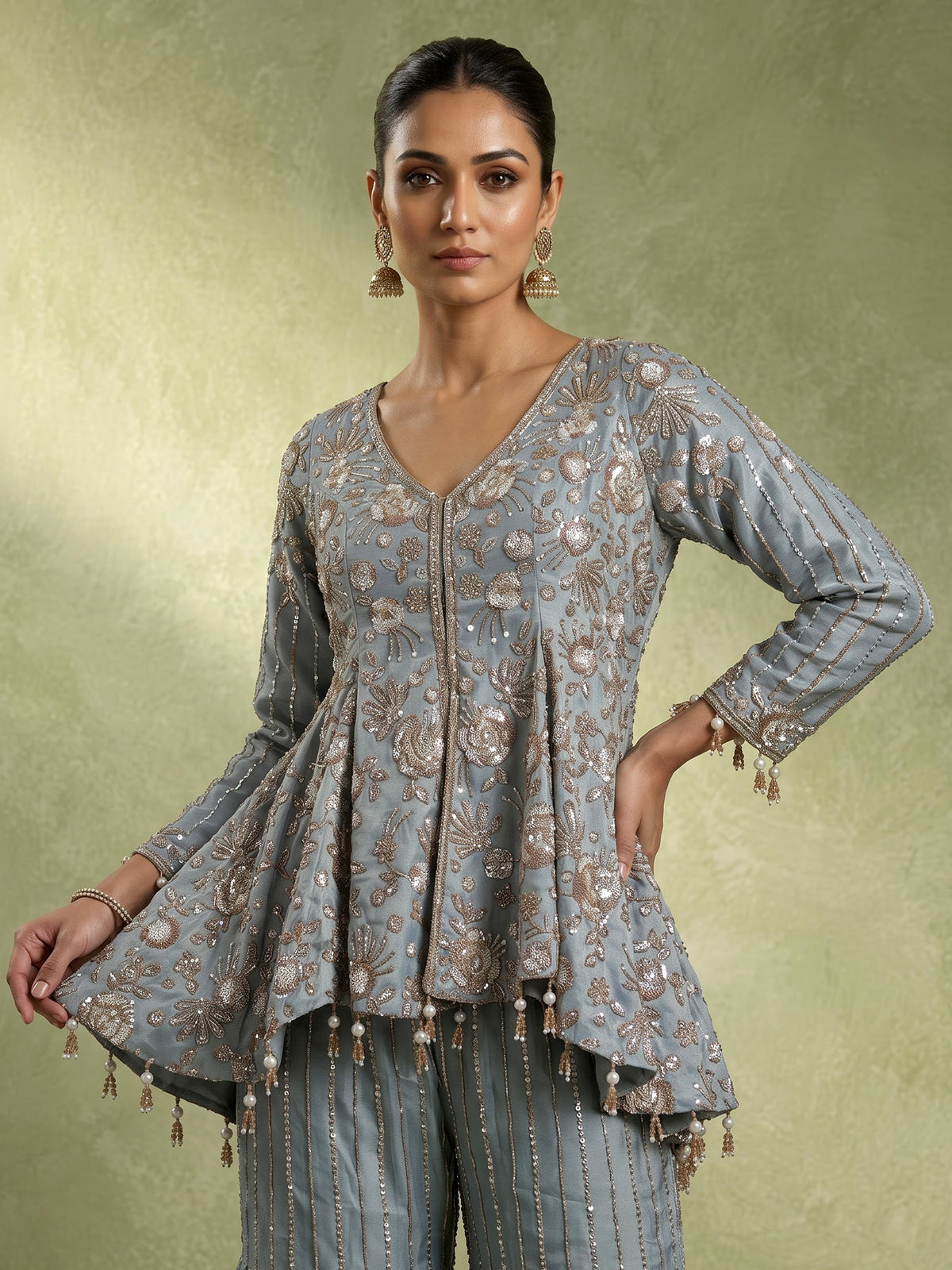 Mint blue tissue silk palazzo suit with cutdana and sequins