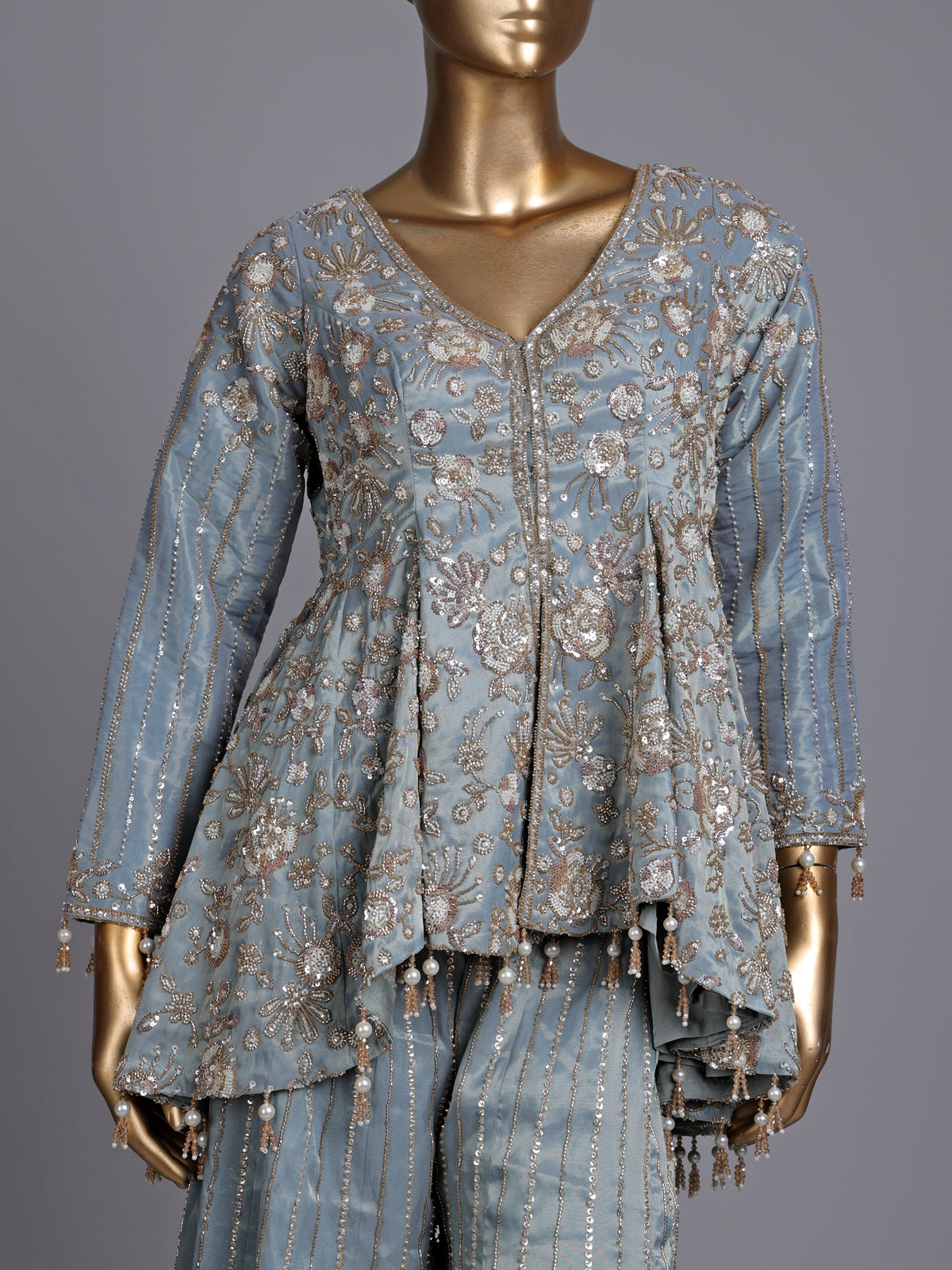 Mint blue tissue silk palazzo suit with cutdana and sequins