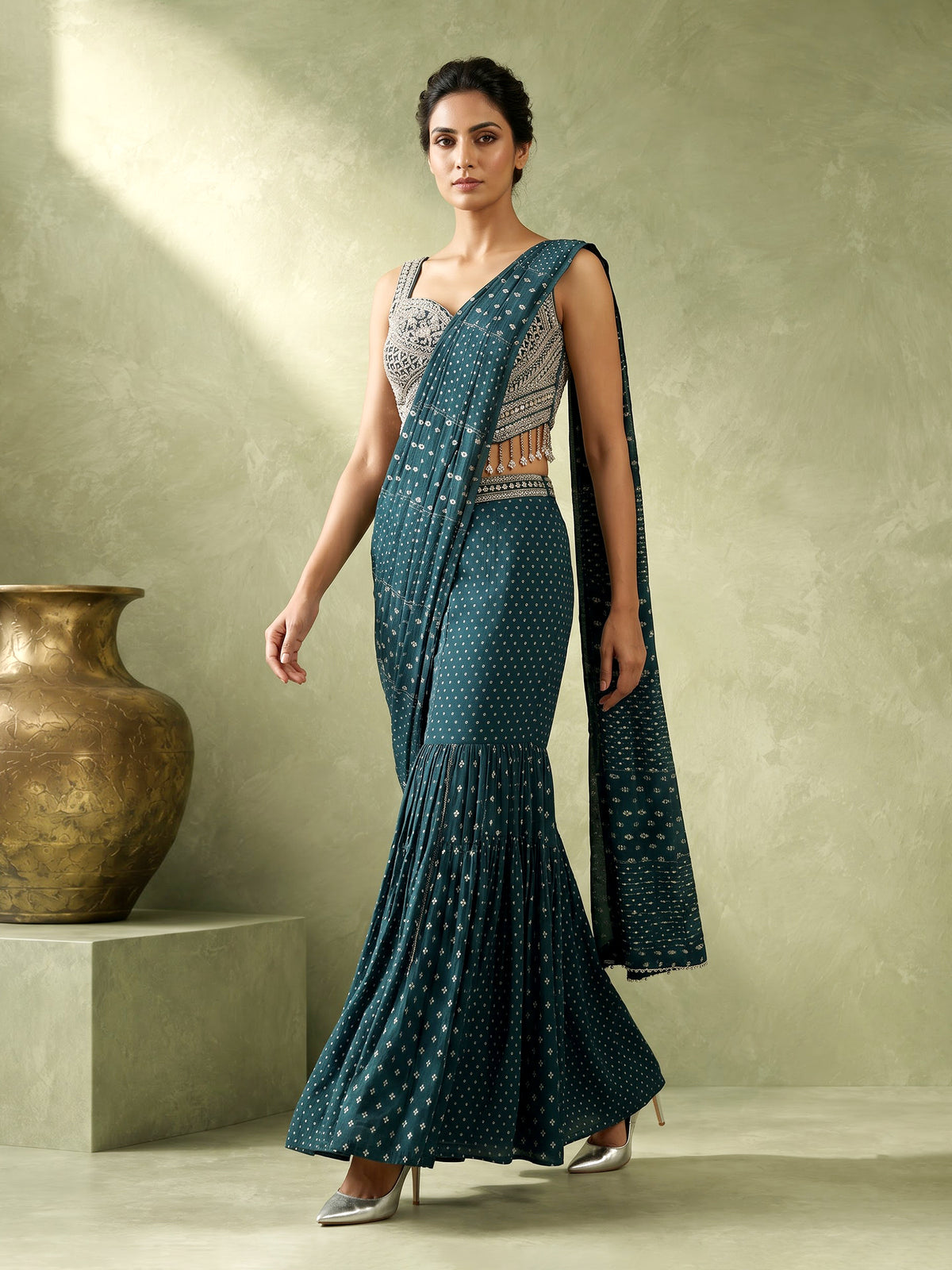 Peacock green soft georgette sharara suit with stone embellishments