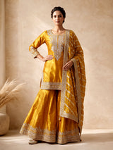 Mustard yellow raw silk punjabi suit with zari dupatta detailing